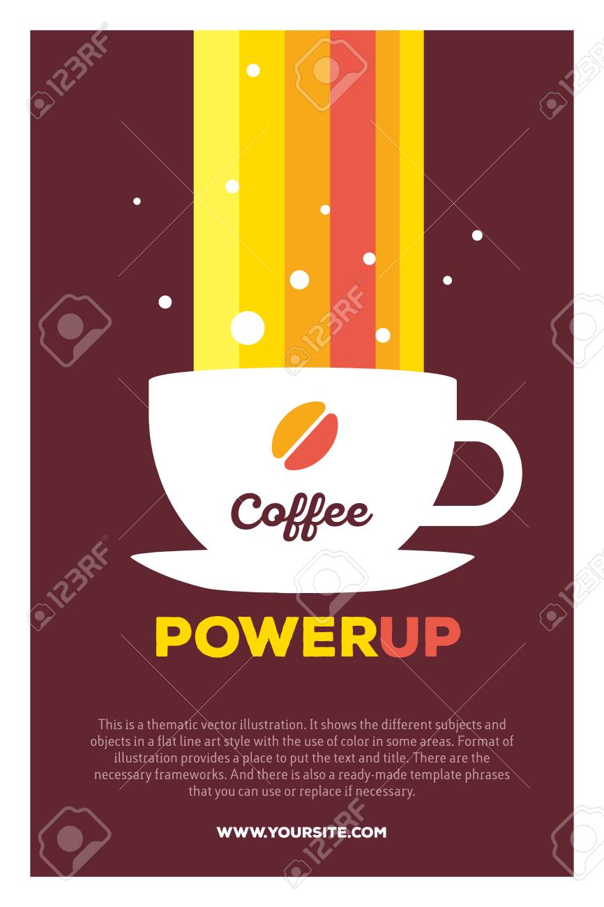 一杯のコーヒーとコーヒー ヘッダーのパワーアップと茶色の背景上のテキストと虹のベクトル創造的なカラフルなイラスト コーヒー ブレーク ポスター テンプレート コーヒー時間テーマのフラット スタイル デザイン のイラスト素材 ベクタ Image