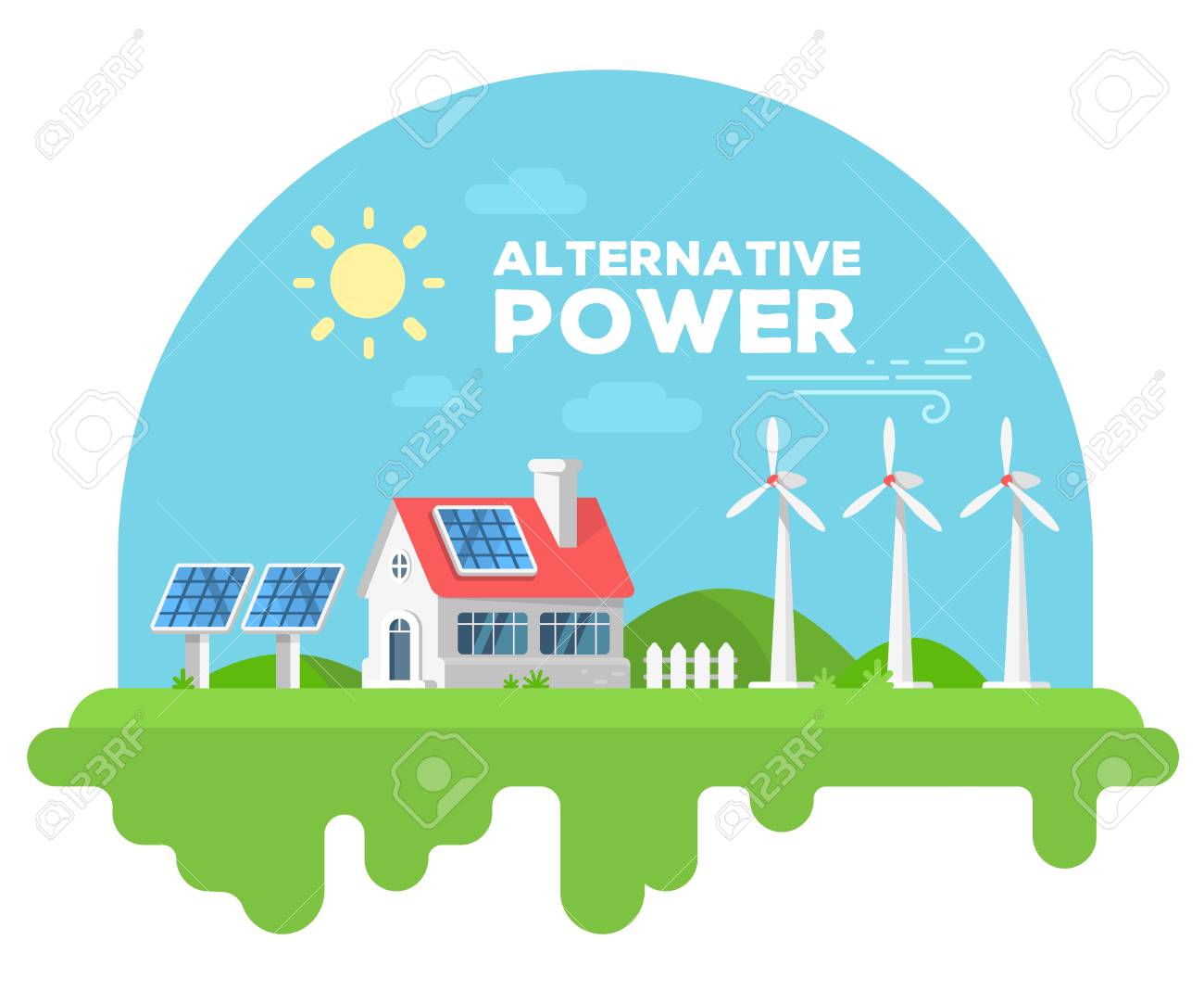 Vector illustration of beautiful house with chimney and fence on green grass. Alternative energy sources concept with windmill and solar panel on white background. Flat style design for web, site, banner, poster - 80258298 Vector illustration of beautiful house with chimney and fence on green grass. Alternative energy sources concept with windmill and solar panel on white background. Flat style design for web, site, banner, poster - 80258298