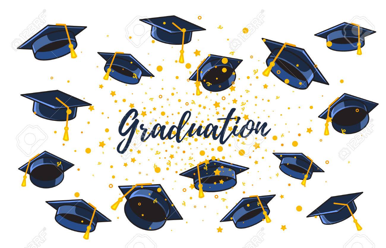 Illustration Vectorielle De Nombreux Casquettes Et Confettis Diplomes Sur Fond Blanc Avec Du Texte Felicitations Diplomes Casquettes Jetees Conception De Salutation Banniere Carte D Invitation Pour L Obtention Du Diplome Avec Chapeau Clip Art