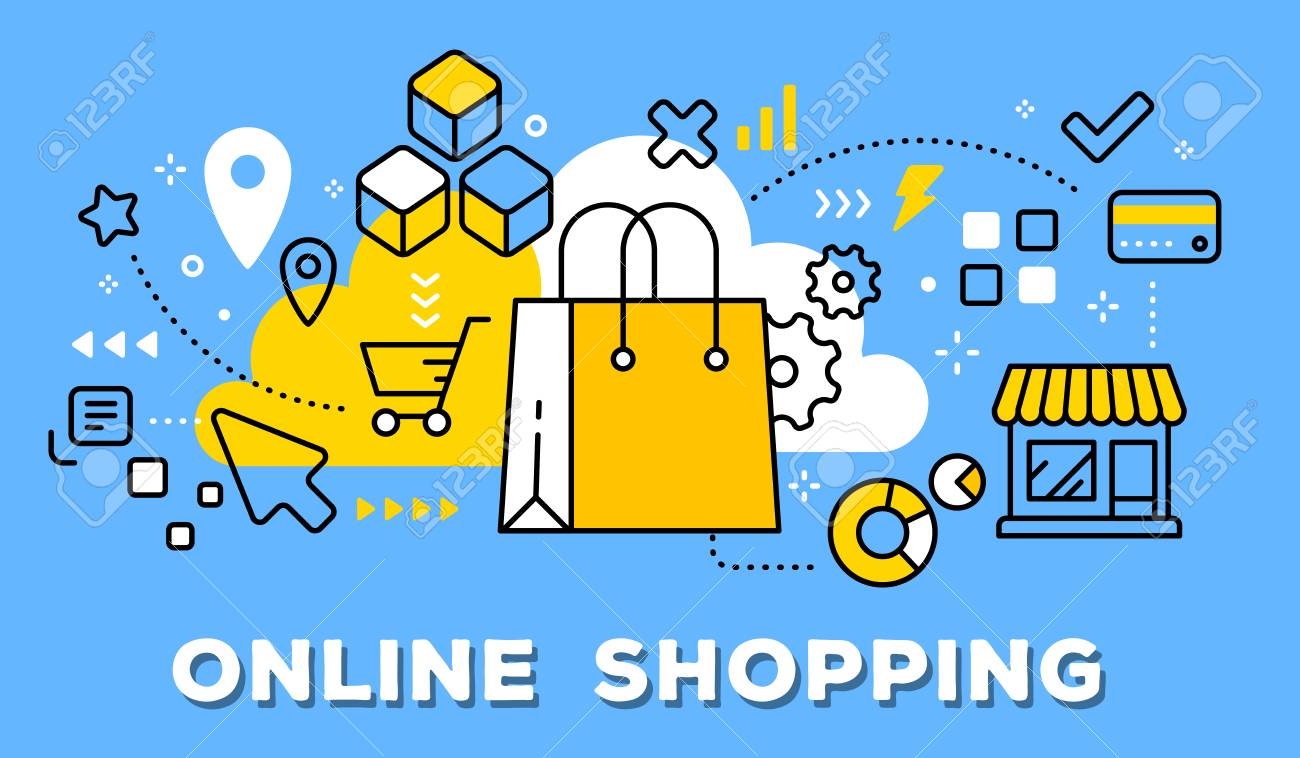 Vector illustration of yellow shopping hand bag, store and icons. Online shopping concept on blue background with title. - 88218051 Vector illustration of yellow shopping hand bag, store and icons. Online shopping concept on blue background with title. - 88218051