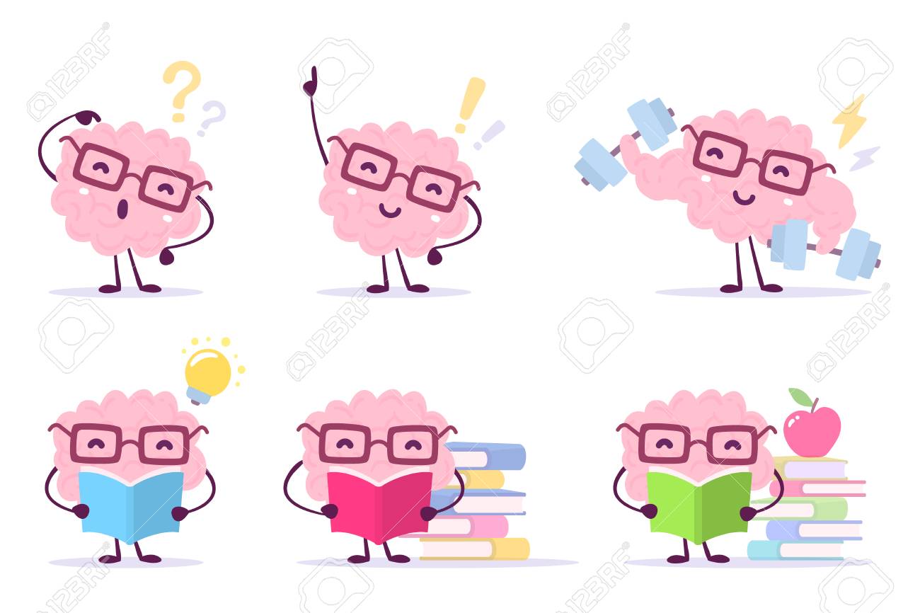 Enjoyable education brain cartoon concept. Set of illustration of pink color happy brain with glasses on white background with pile of books, light bulb, dumbbells. Flat style design of character brain for knowledge. - 89999050 Enjoyable education brain cartoon concept. Set of illustration of pink color happy brain with glasses on white background with pile of books, light bulb, dumbbells. Flat style design of character brain for knowledge. - 89999050