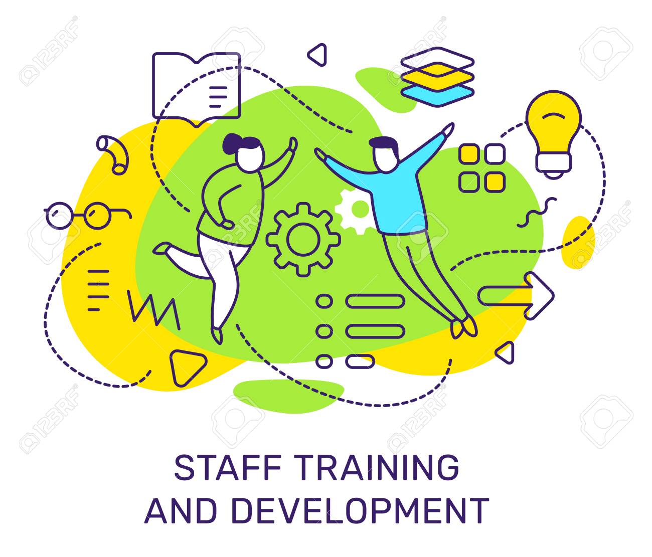 Vector business illustration of people with light bulb, book icon on green background. Staff training and development concept with man, woman, text. Line art style design for web, site, poster, banner - 123138689 Vector business illustration of people with light bulb, book icon on green background. Staff training and development concept with man, woman, text. Line art style design for web, site, poster, banner - 123138689