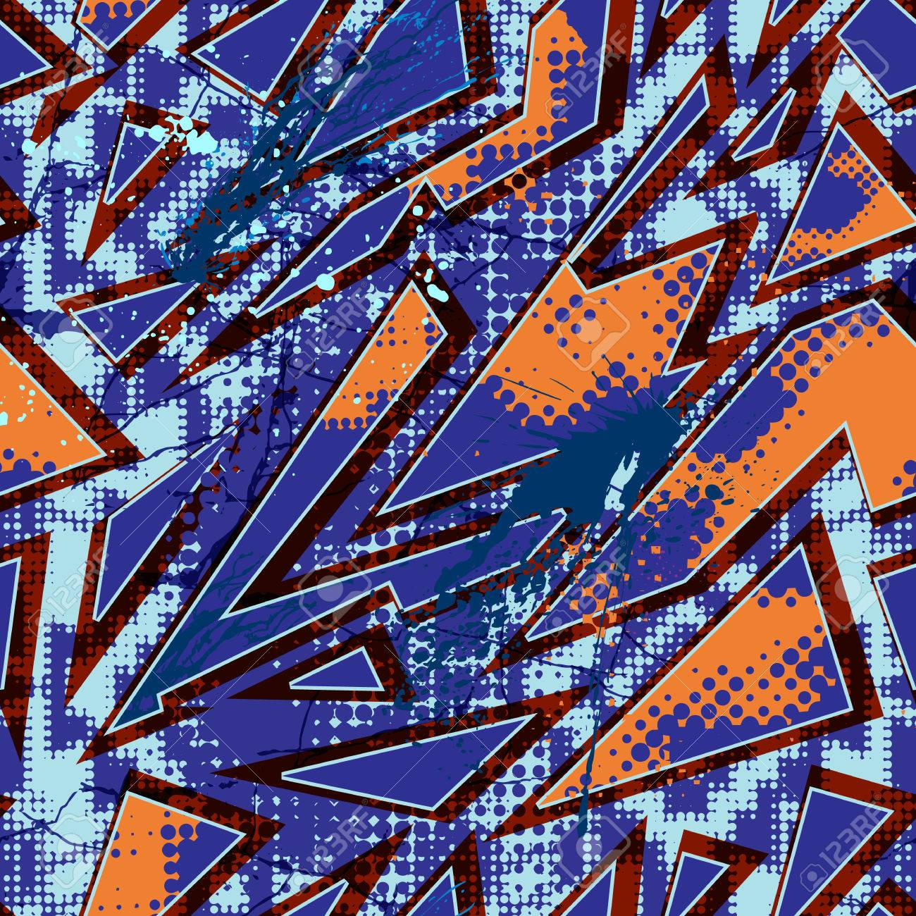 都会的なスタイルで抽象的なシームレス パターン 落書きの動機の明るいカラーのベクトルの背景 グランジ効果で幾何学的な壁紙 ハーフ トーン 亀裂 スプラッシュ のイラスト素材 ベクタ Image