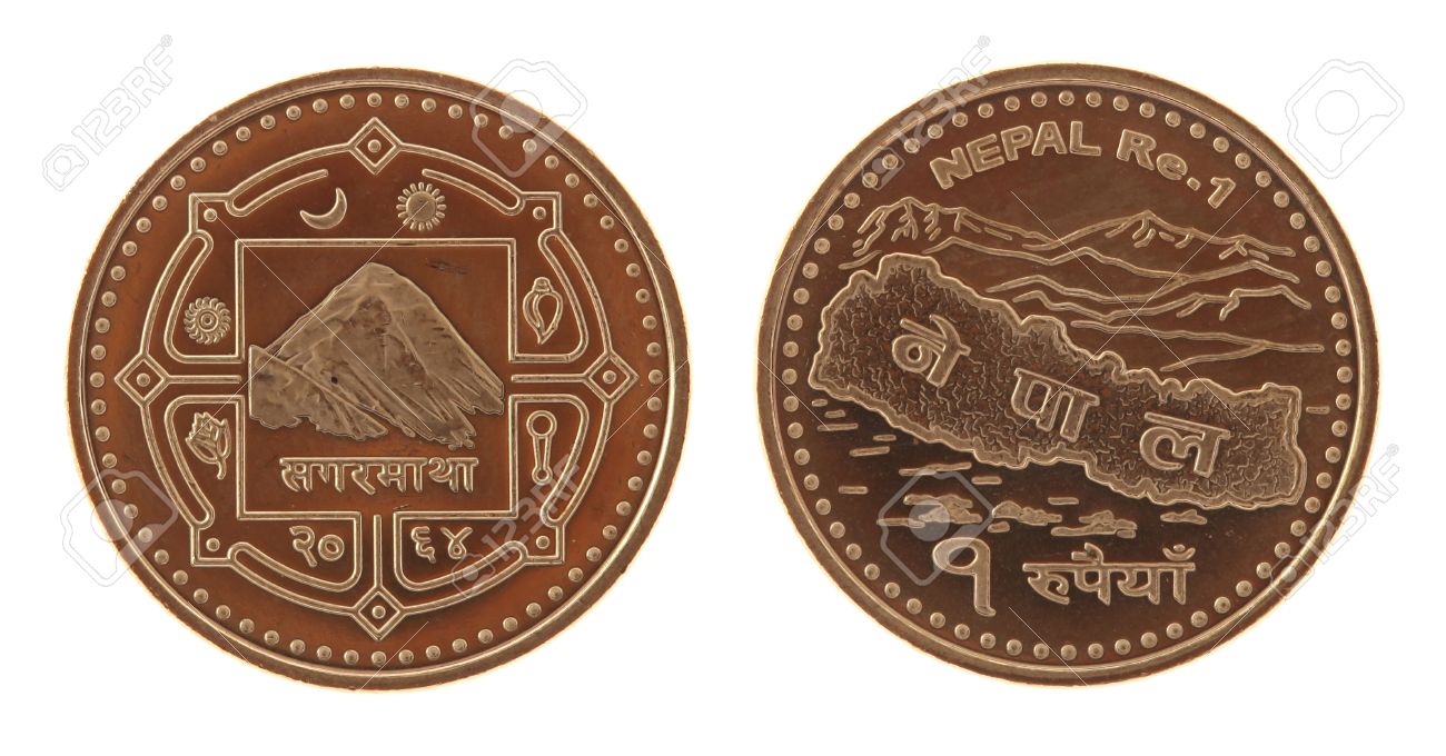 新しいネパール 1 ルピーのコイン モン エベレスト、ネパールの地図を描いたします。表側と逆白で隔離されます。の写真素材・画像素材 Image  15439409