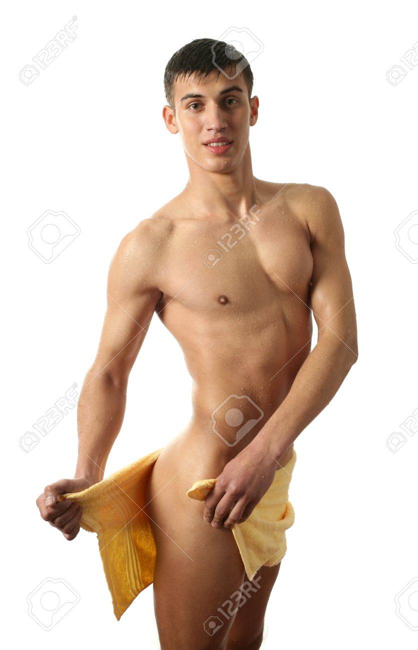 yellows 正面 ヌード ウェット筋肉セクシーな若者ラップ白で隔離される黄色タオルの写真素材・画像素材 Image 15686021