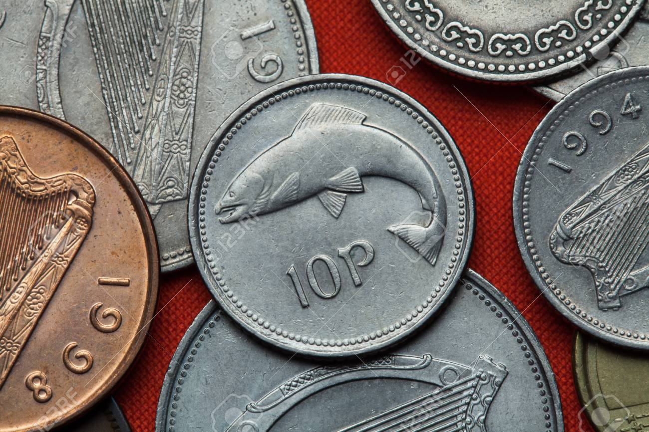アイルランドの硬貨。サーモン アイルランド 10 ペンスのコインに描かれています。の写真素材・画像素材 Image 53693354