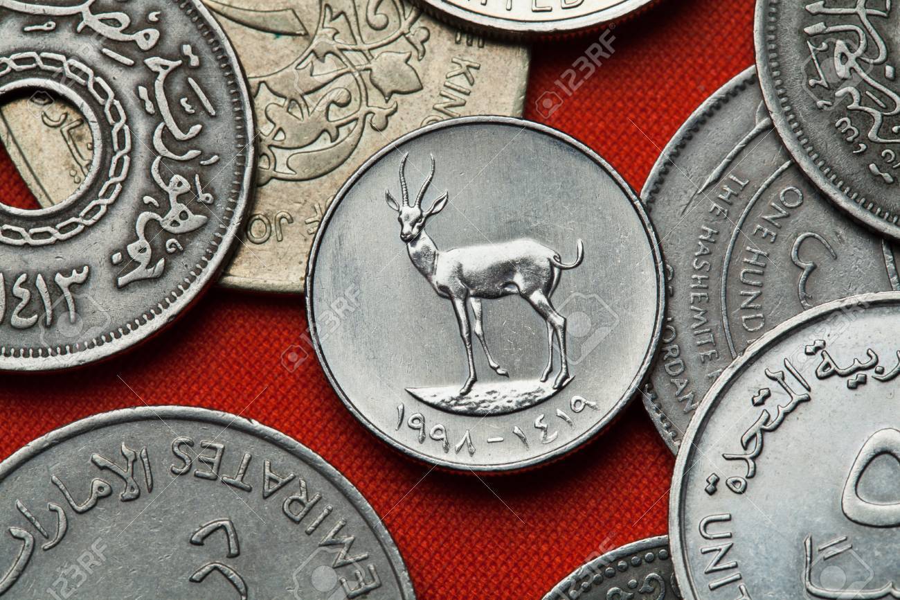 アラブ首長国連邦市場のコイン。砂ガゼル (Gazella Subgutturosa マリカ) アラブ首長国連邦 25  フィルス硬貨に描かれています。の写真素材・画像素材 Image 53693329