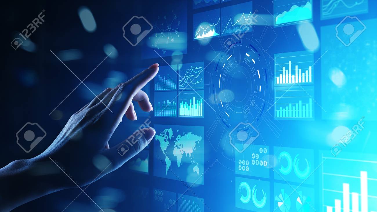 Virtual screen business intelligence dashboard, analytics and big data technology concept. - 110623868 Virtual screen business intelligence dashboard, analytics and big data technology concept. - 110623868