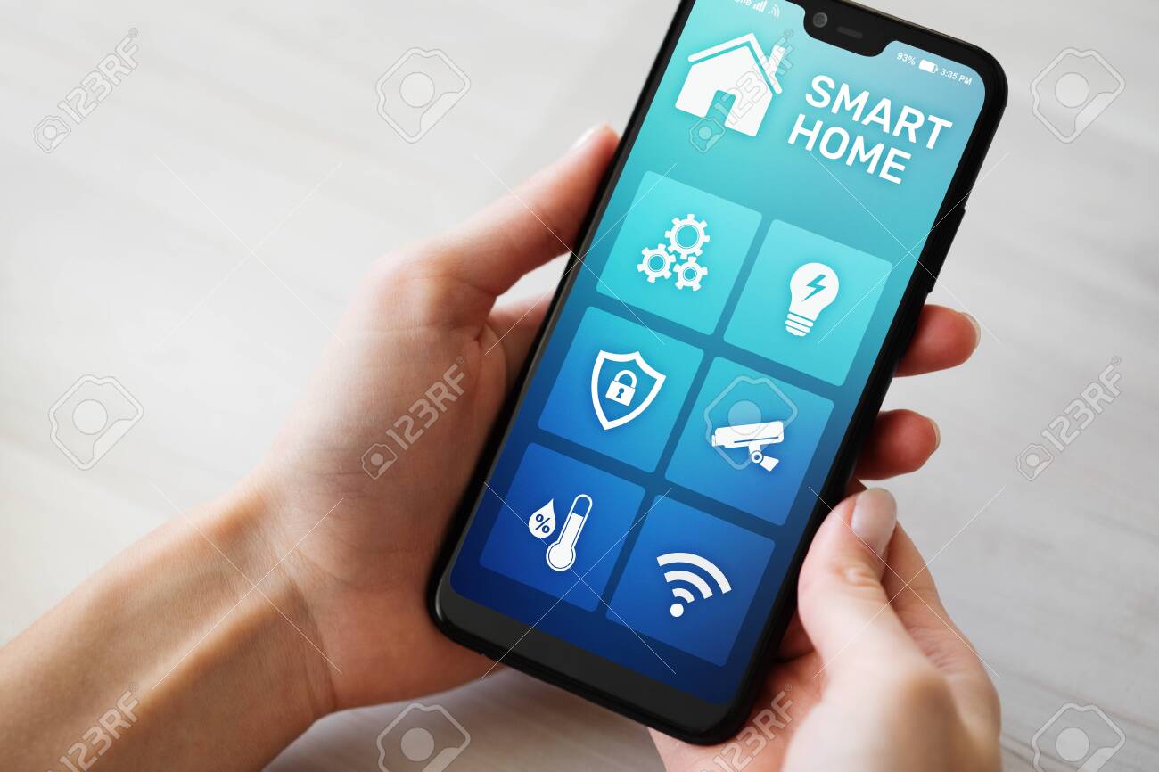 Smart home control application on mobile phone screen. Automation and iot concept - 120867332 Smart home control application on mobile phone screen. Automation and iot concept - 120867332