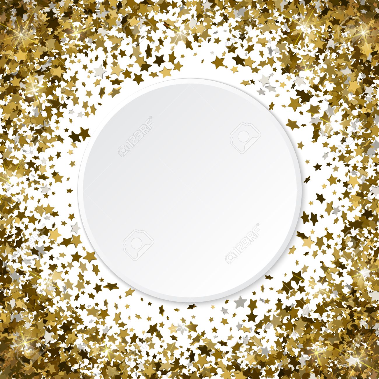 Cadre En Or Rond Ou Bordure De Scatter Aleatoire 3d Etoiles Dorees Sur Fond Blanc Element De Conception Pour La Banniere Festive L Anniversaire Et La Carte De Voeux Carte Postale Invitation De