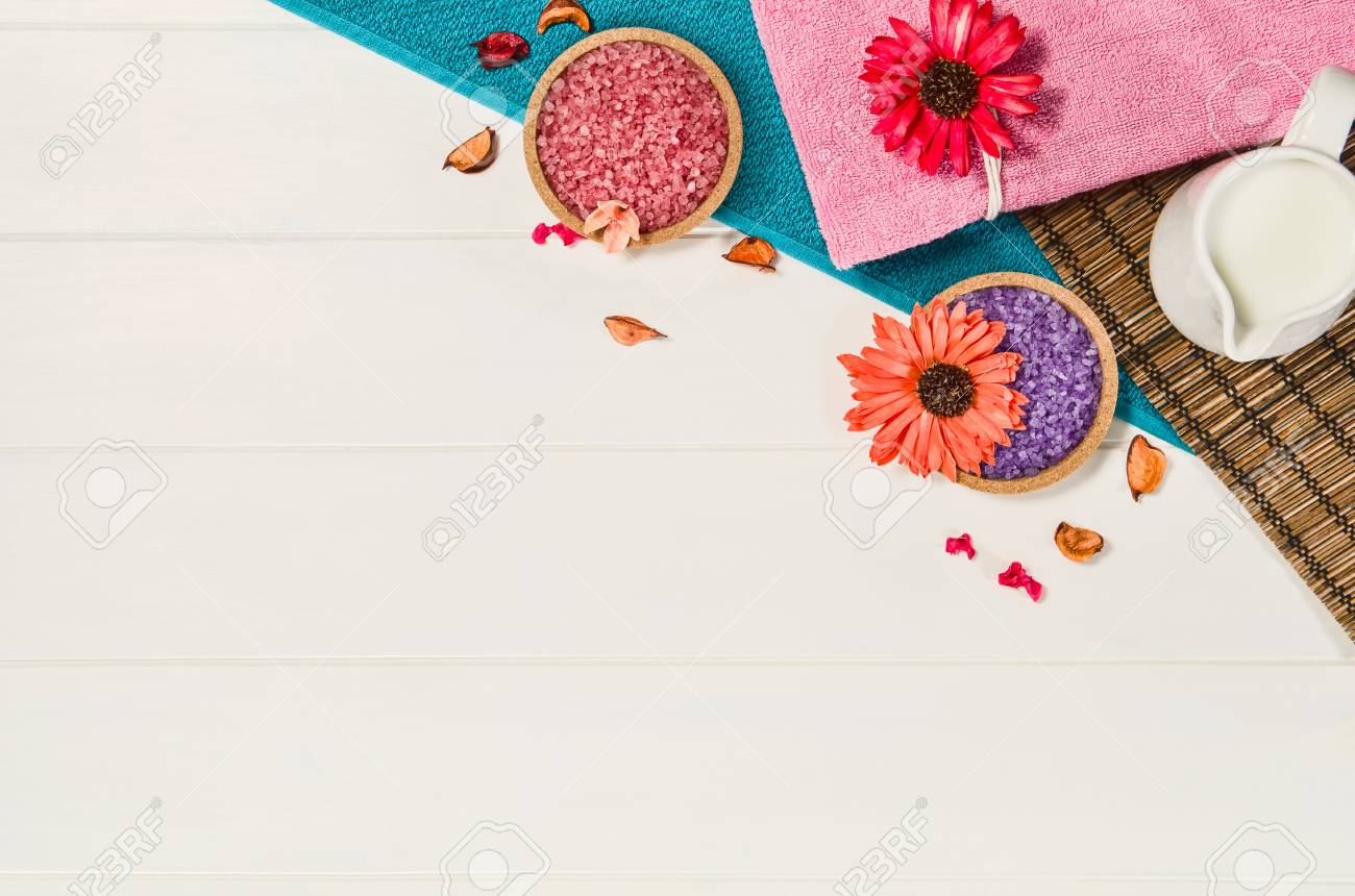 Spa Frame Top View Background On White Wooden Table Or Floor