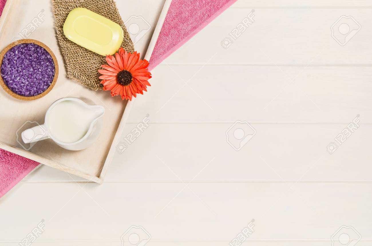 Spa Frame Top View Background On White Wooden Table Or Floor