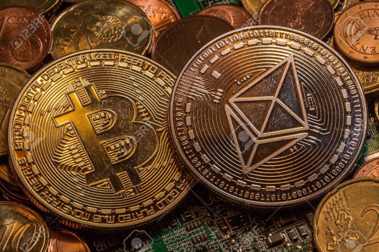 Bitcoin, Ethereum And Euro Coin Mix On Circuit Stock Photo, Picture and  Royalty Free Image. Image 114260049.