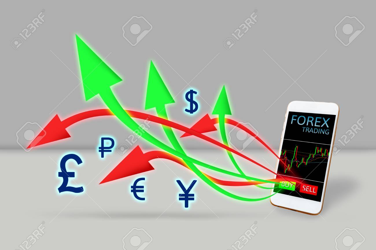 Forex Trad!   ing Concept Arrow Buy And Sell Out Of Mobile Phone - 