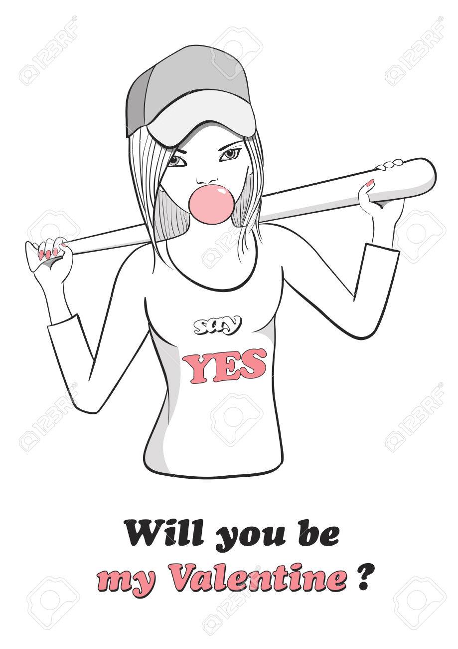かわいい女の子バブルガムを吹くと野球バットを握ると面白いバレンタインの日カード 私のバレンタインになります のイラスト素材 ベクタ Image