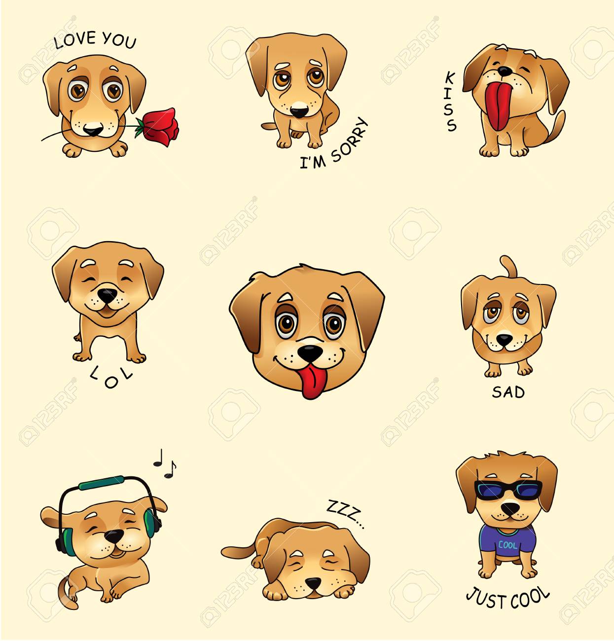ベクトル ステッカー かわいい犬の絵文字セットのイラスト素材 ベクタ Image