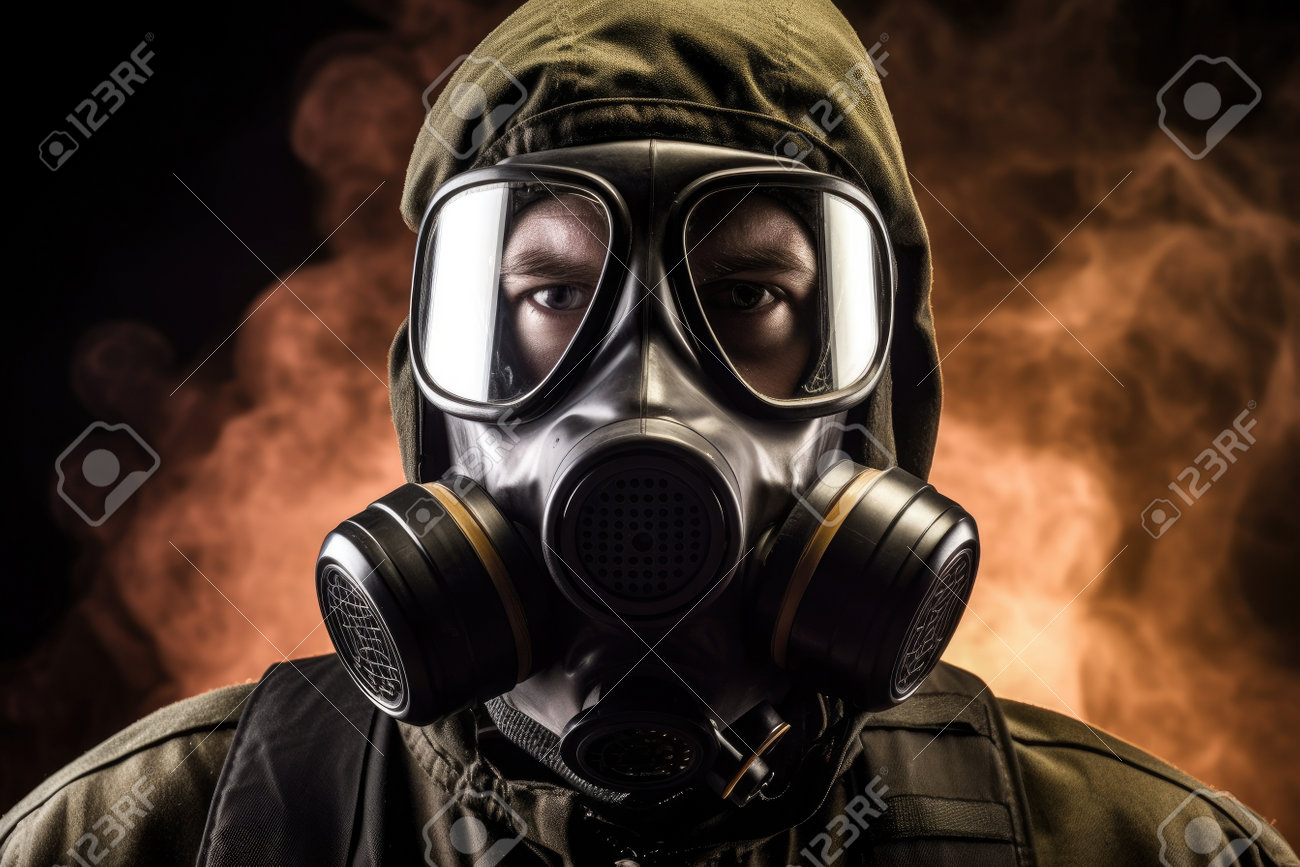 暗い背景に煙とガスマスクの男性の写真素材・画像素材 Image 202485585