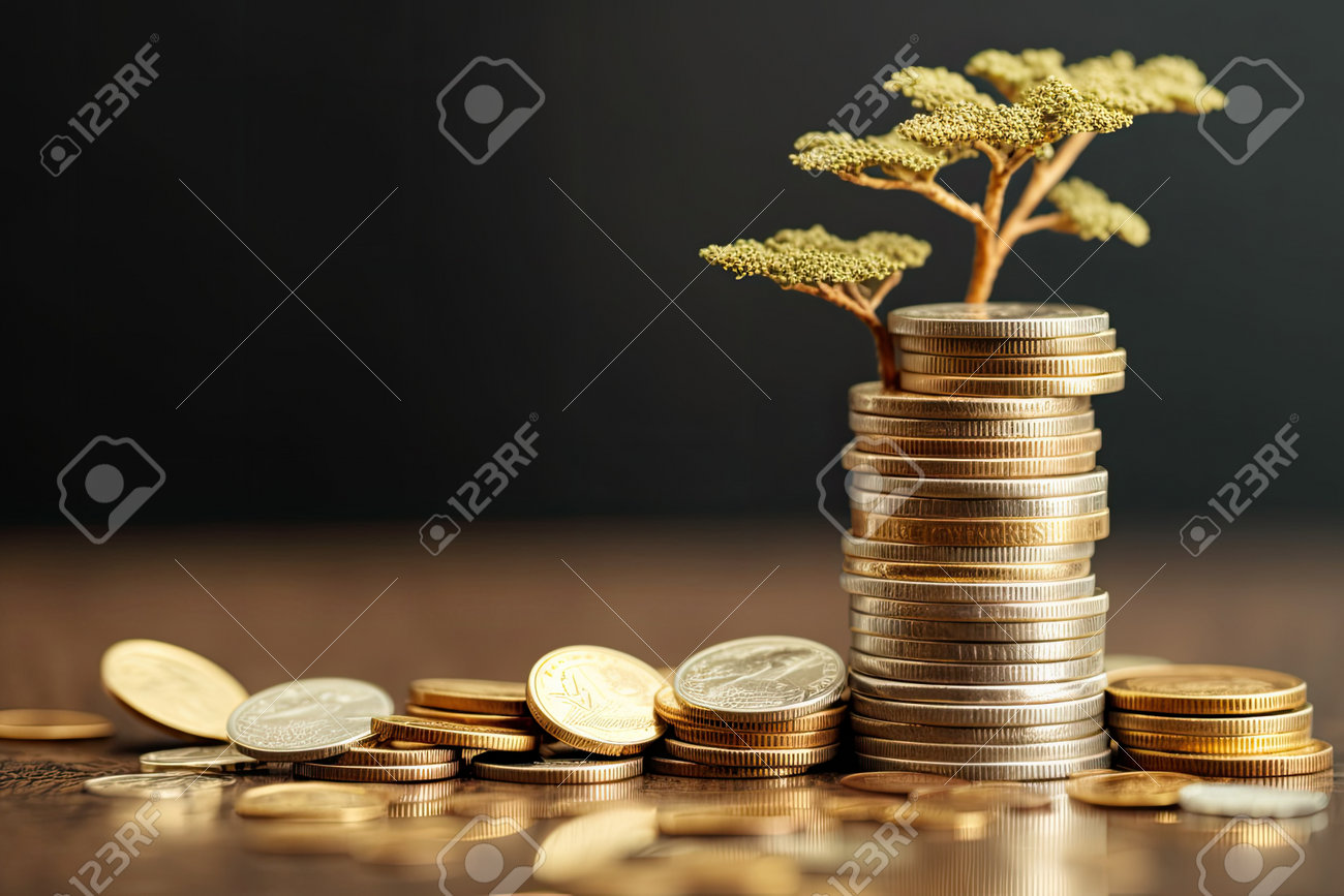 上に木が生えているコインの山の写真素材・画像素材 Image 207320829