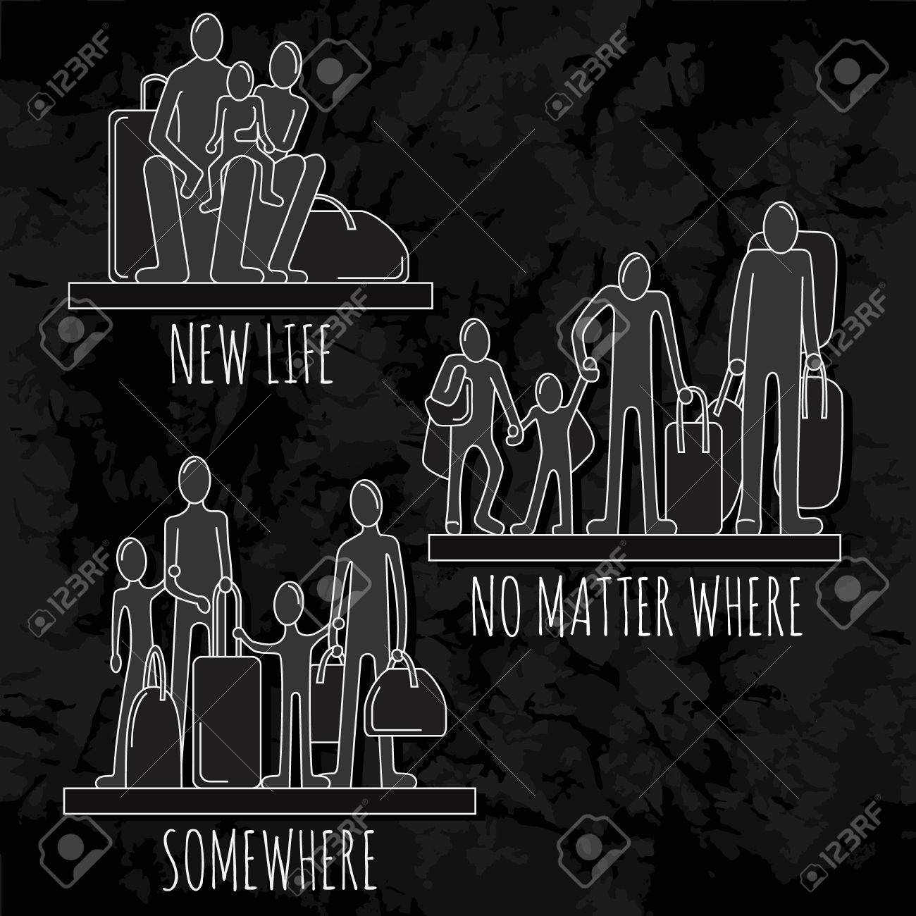 人々 難民 移民 家族に家なし左のシルエット バッグや古い黒の背景上に荷物を持つ人々 のイラスト素材 ベクタ Image