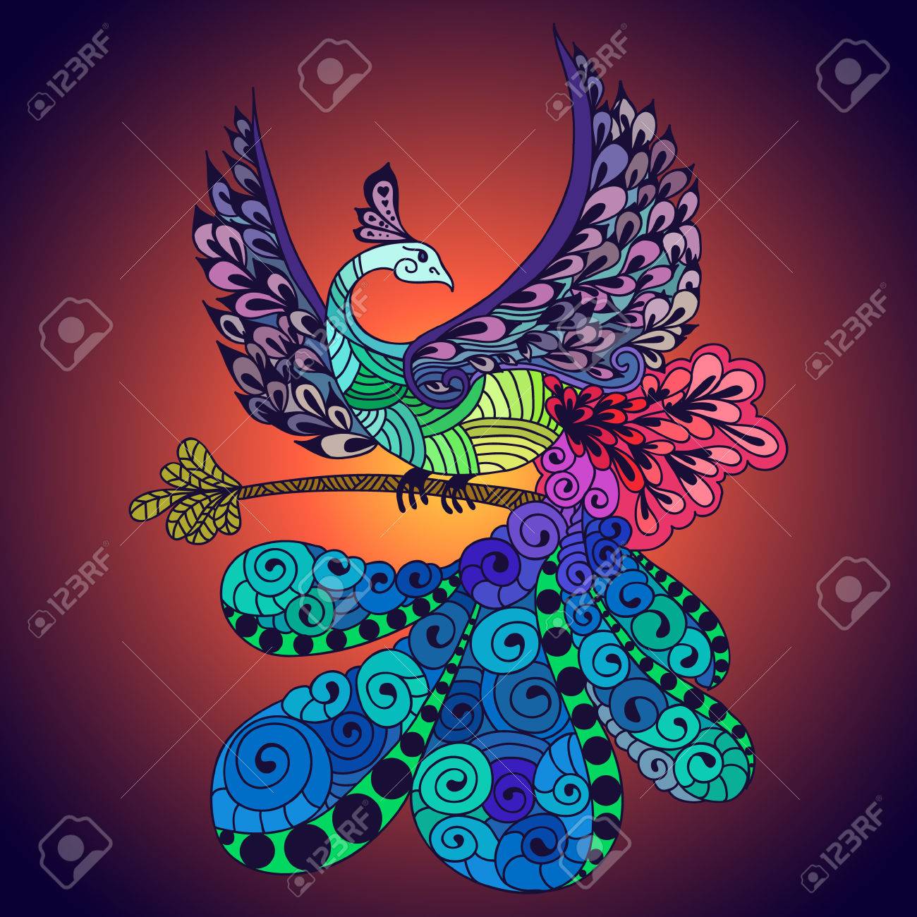 飛ぶフェニックス鳥のイラスト 暗い青色の背景を持つ孔雀鳥を焼く火 のイラスト素材 ベクタ Image