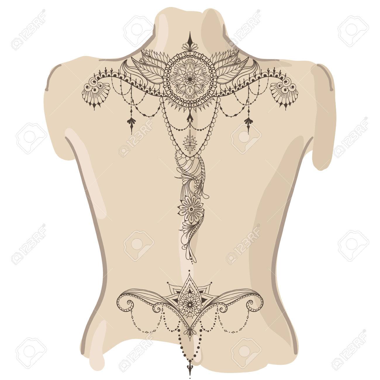 一時的な刺青要素のタトゥーのデザインのテンプレートです 彼女の背中に入れ墨 花の飾り イスラム教 アラビア語 インド オスマンのモチーフ 黒と白のベクトル図です のイラスト素材 ベクタ Image