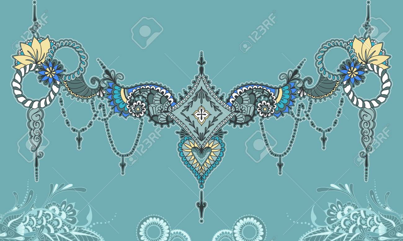 一時的な刺青要素と中央に菱形のタトゥーのデザインのテンプレートです 鎖骨の上に使用することができます 花の飾り イスラム教 アラビア語 インド オスマンのモチーフ 黒と白のベクトル図です のイラスト素材 ベクタ Image