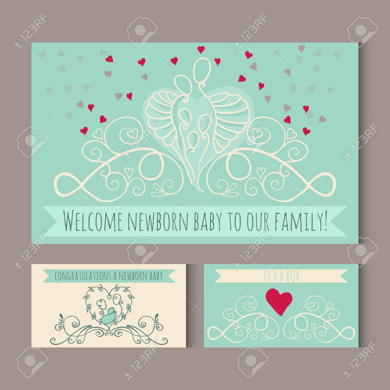 greeting cards with symbols of happy family welcome newborn