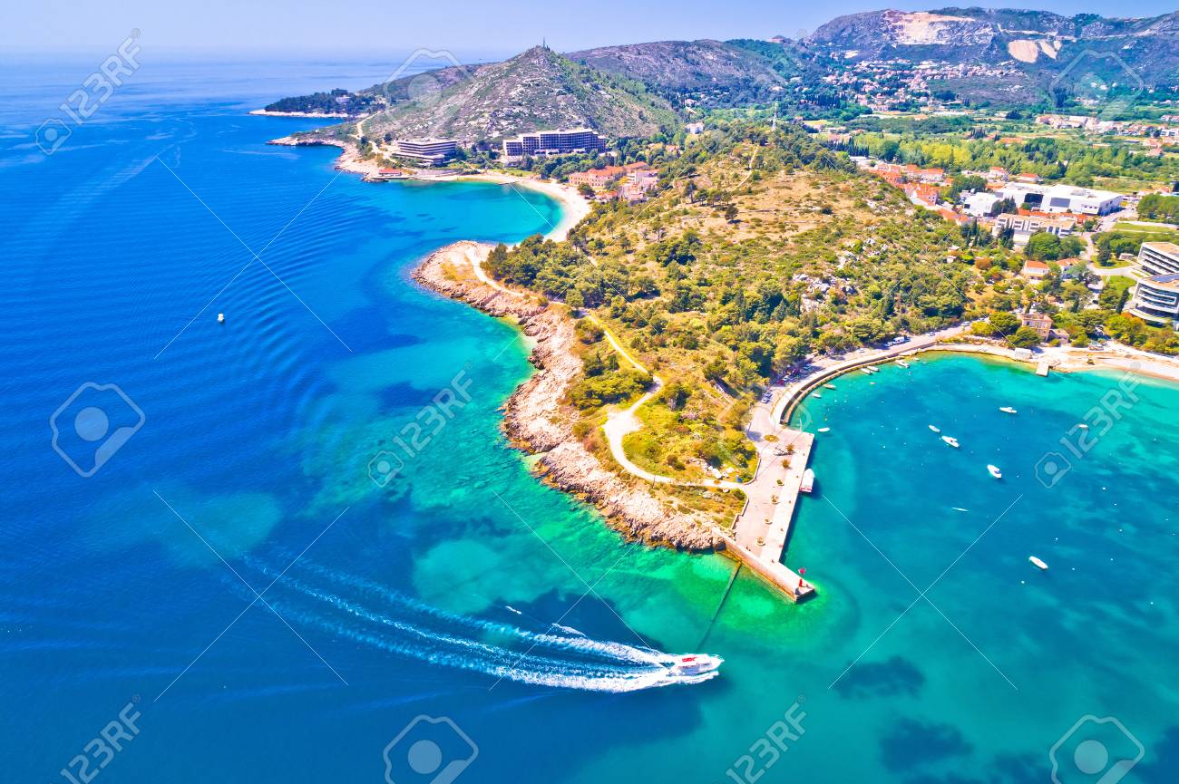 Aerial view of Dubrovnik emerald coastline in Srebreno, Dalmatia region of Croatia - 100841157 Aerial view of Dubrovnik emerald coastline in Srebreno, Dalmatia region of Croatia - 100841157