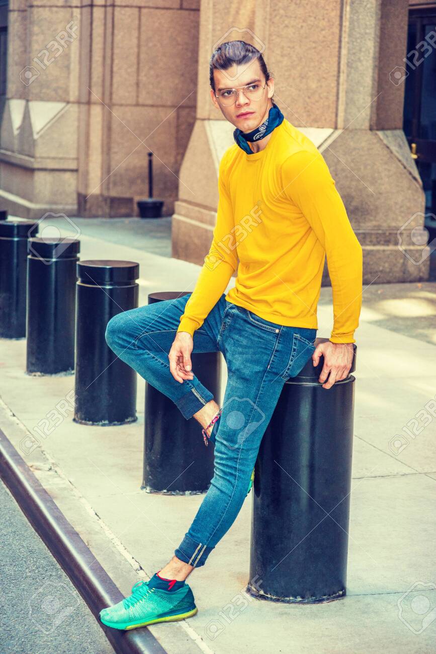 yellow top with blue jeans