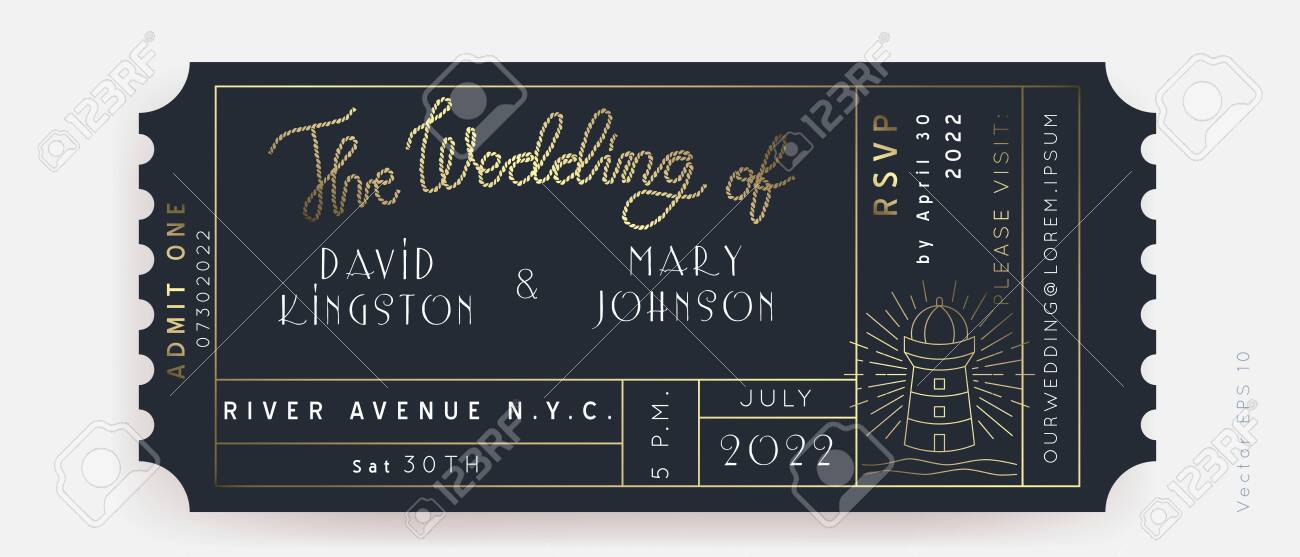 Nautical Wedding Invitation Vector Boarding Pass Ticket Template Sailor Boat Theme In Classic Vintage Style Elegant Sea Invite Card Overlay In Gold And Navy Blue Colors Modern Luxury Design Royalty Free Cliparts Vectors And