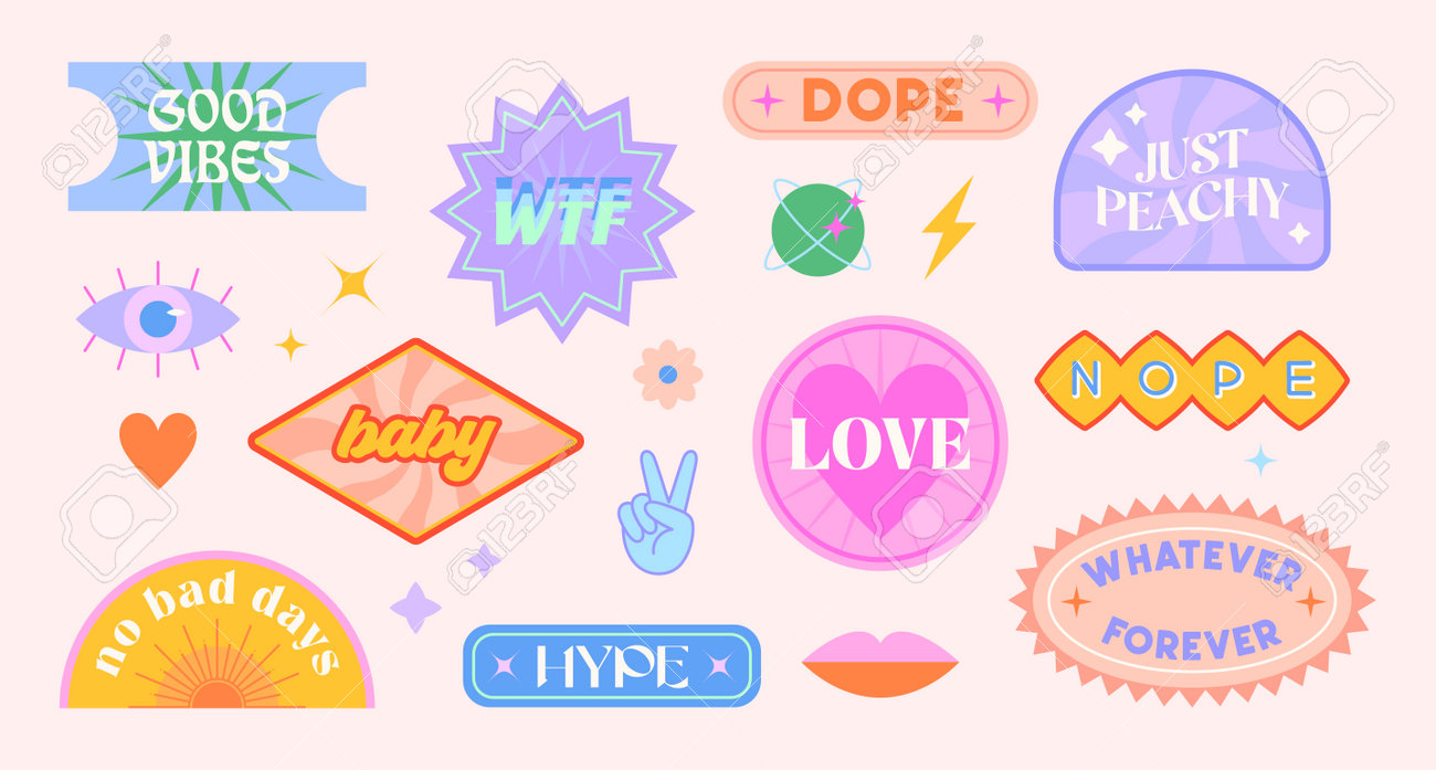 Vector Set Of Cute Funny Patches And Stickers In 90s Style.Modern