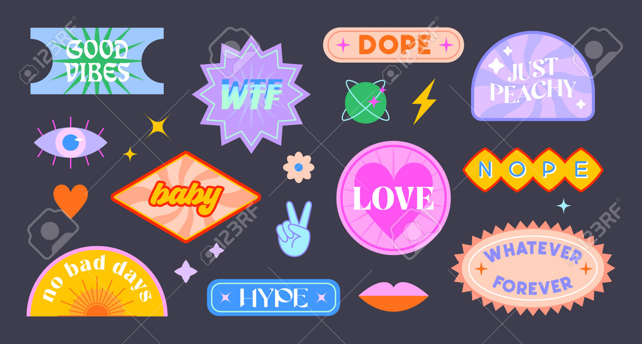 Vector Set of Cute Funny Patches and Stickers in 90s Style.Modern