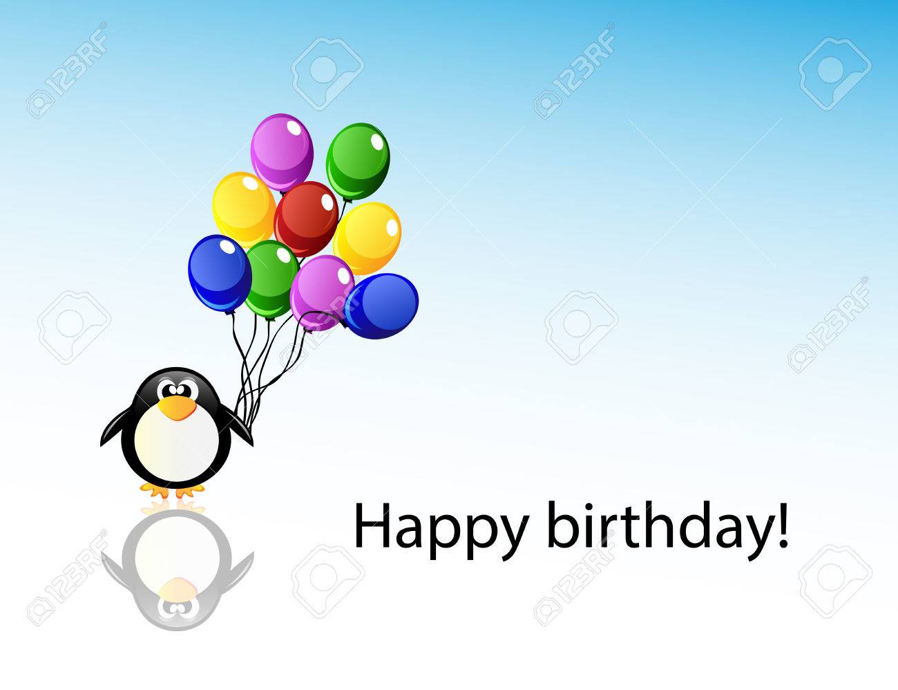 Vecteur Pingouin Mignon De Bande Dessinee Sur La Glace Avec Beaucoup De Ballons Bonne Carte D Anniversaire Ou Un Theme D Invitation Clip Art Libres De Droits Vecteurs Et Illustration Image