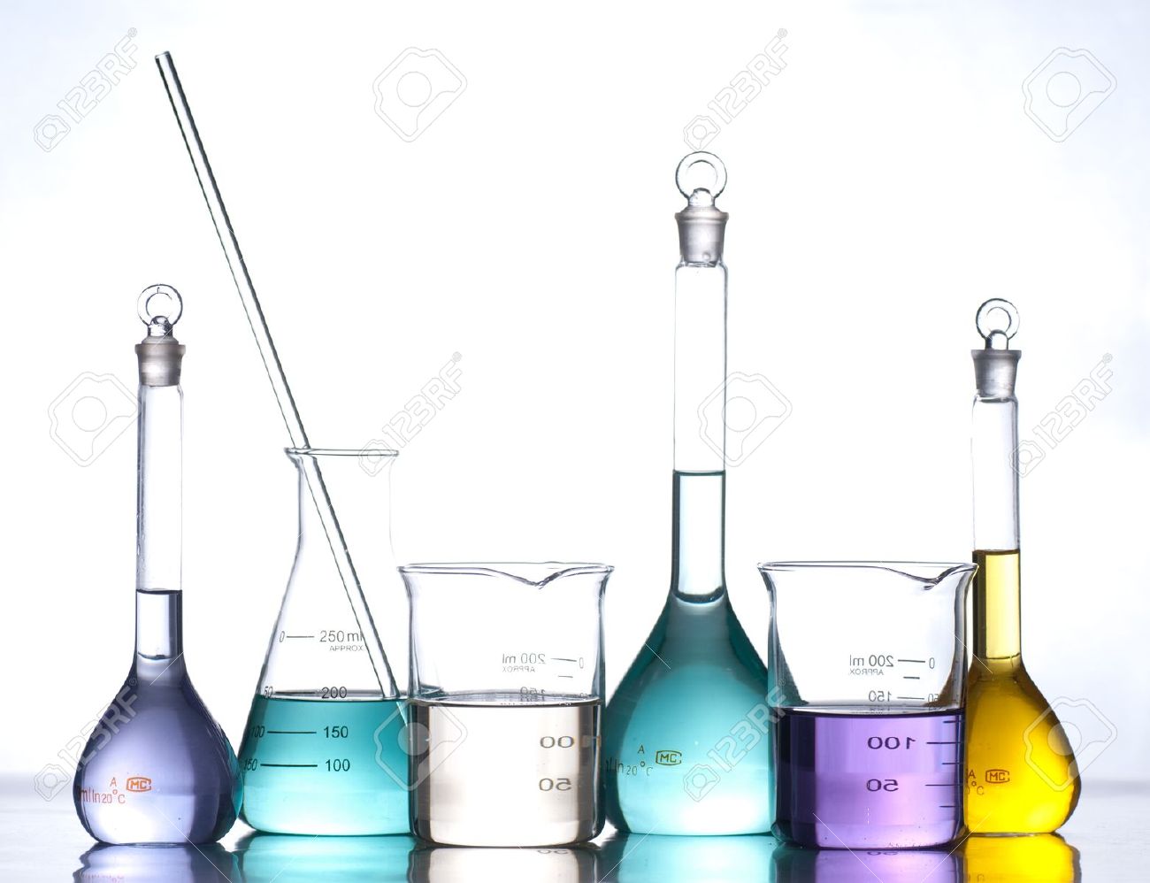 glass laboratory apparatus with color water stock photo picture and