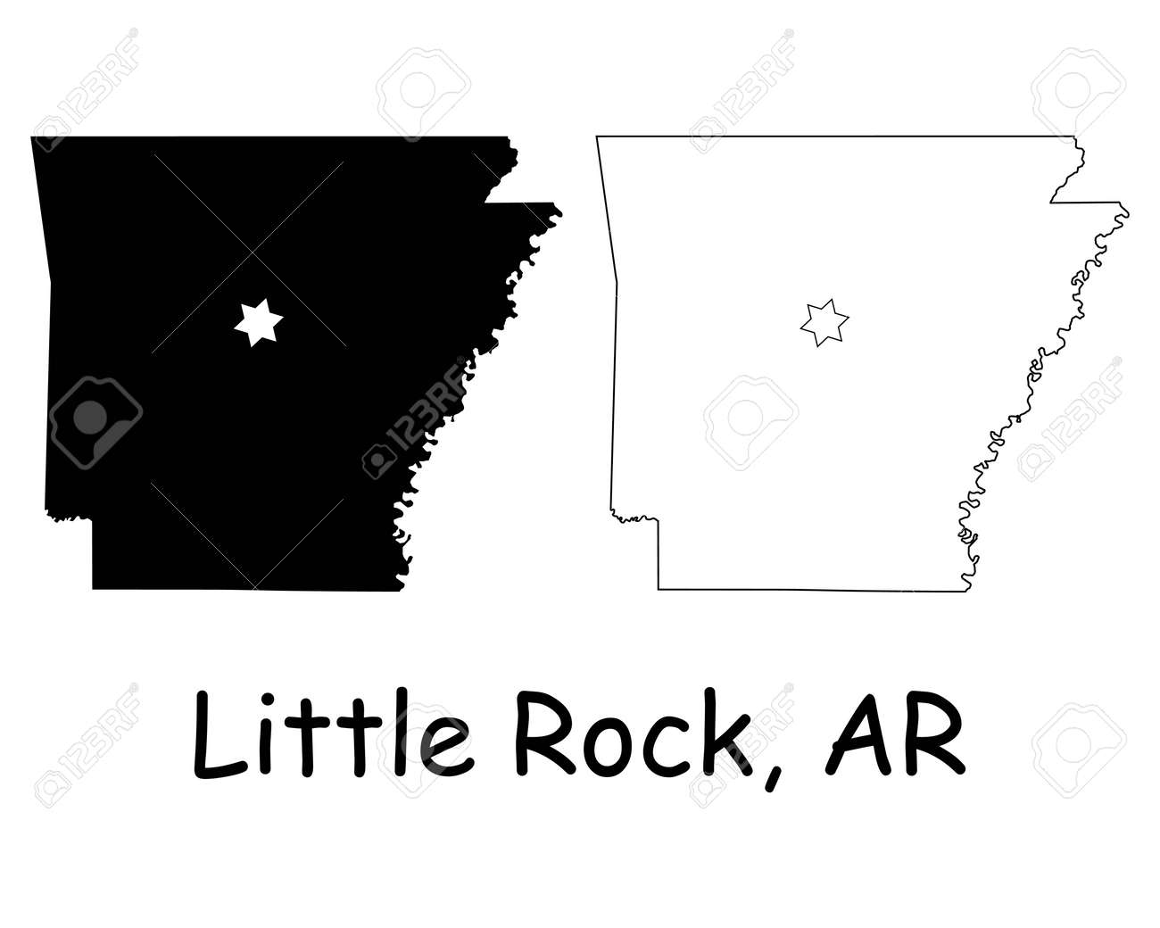 State Capital Symbol On Map Arkansas Ar State Map Usa With Capital City Star At Little Rock. Black  Silhouette And Outline Isolated Maps On A White Background. Eps Vector  Royalty Free Svg, Cliparts, Vectors, And Stock Illustration.