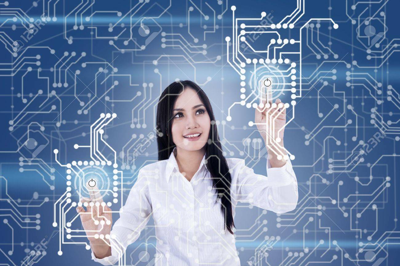 Beautiful Woman Selecting Futuristic Touchscreen On Blue Background Stock Photo Picture And Royalty Free Image Image 17824207