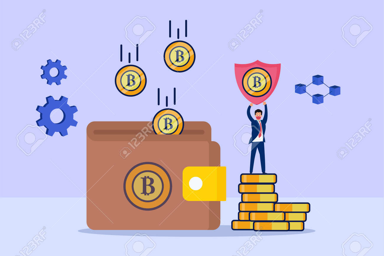 배너 웹 사이트 일러스트레이션 랜딩 페이지 전단지 등에 대한 비트코인 2d 평면 벡터 개념을 가진 사업가 로열티 무료 사진, 그림,  이미지 그리고 스톡포토그래피. Image 164025404