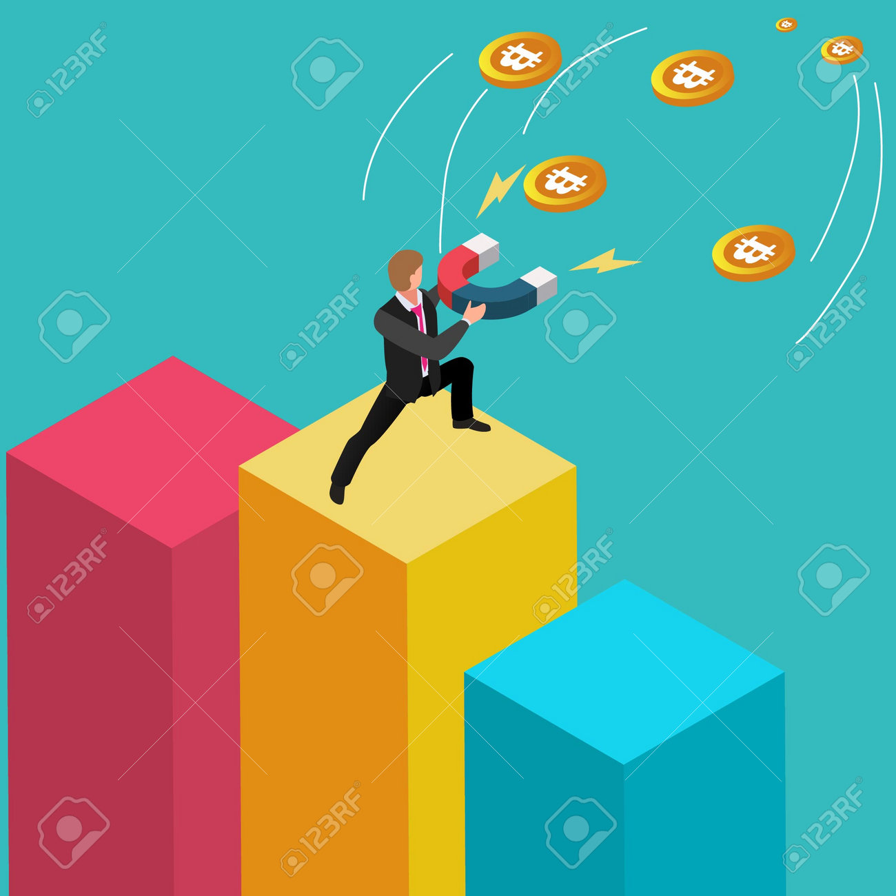 배너 웹 사이트 일러스트레이션 랜딩 페이지 전단지 등에 대한 비트코인 아이소메트릭 3d 벡터 개념을 끌어들이는 자석을 들고 있는 사업가  로열티 무료 사진, 그림, 이미지 그리고 스톡포토그래피. Image 193596274
