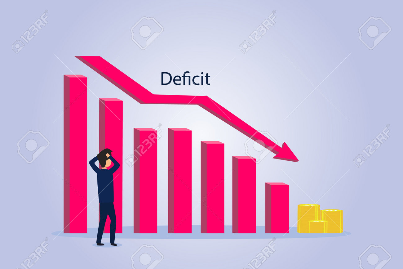 赤字ベクトルのコンセプト。財政赤字の図を見て矢印を減少させるストレスの多いビジネスマンのイラスト素材・ベクター Image 192784823