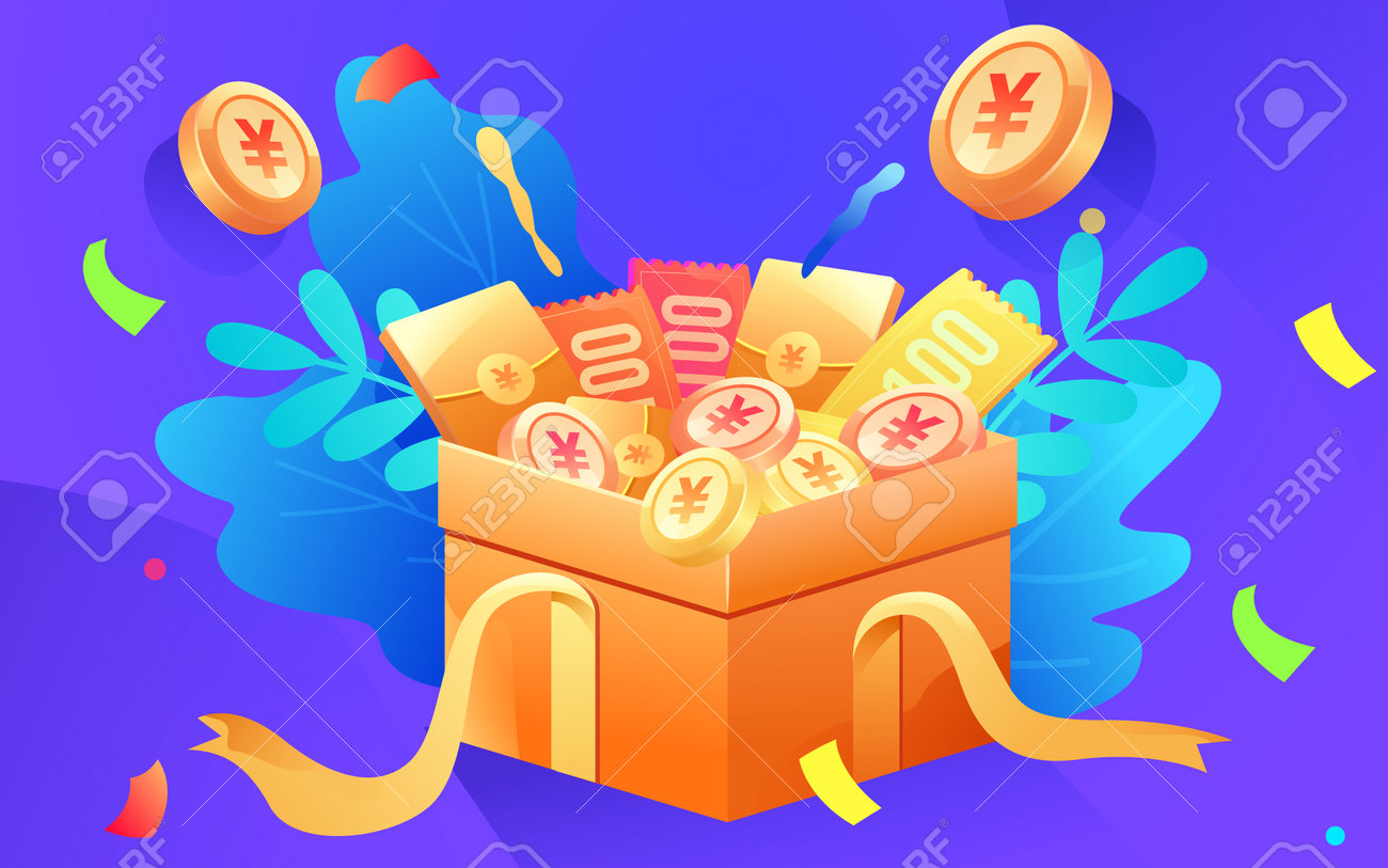 만화 선물 상자 금화 빨간 봉투 쿠폰 로열티 무료 사진, 그림, 이미지 그리고 스톡포토그래피. Image 169875504