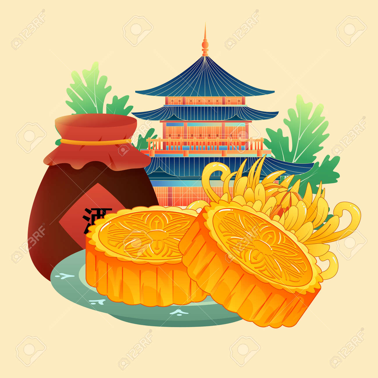 8월 15일 중추절 월병과 진미는 배경 벡터 그림에 달과 구름이 있는 테이블 위에 놓여 있습니다. 로열티 무료 사진, 그림, 이미지  그리고 스톡포토그래피. Image 189214328