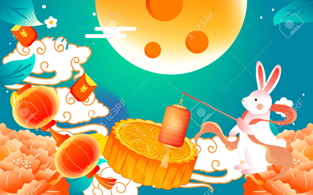 8월 15일 중추절, 토끼가 달을 바라보고 있다, 고대 중국 신화와 전설, 벡터 삽화 로열티 무료 사진, 그림, 이미지 그리고  스톡포토그래피. Image 189627173