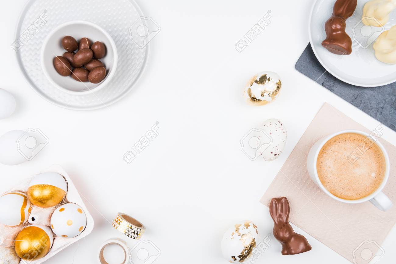 happy easter stylish stationery background with chocolate eggs easter stationary