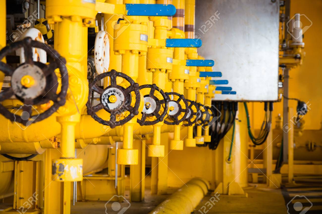 Stock Photo - Valves manual in the production process. Production process used manual valve to control the system, Operator open and close or function the ...