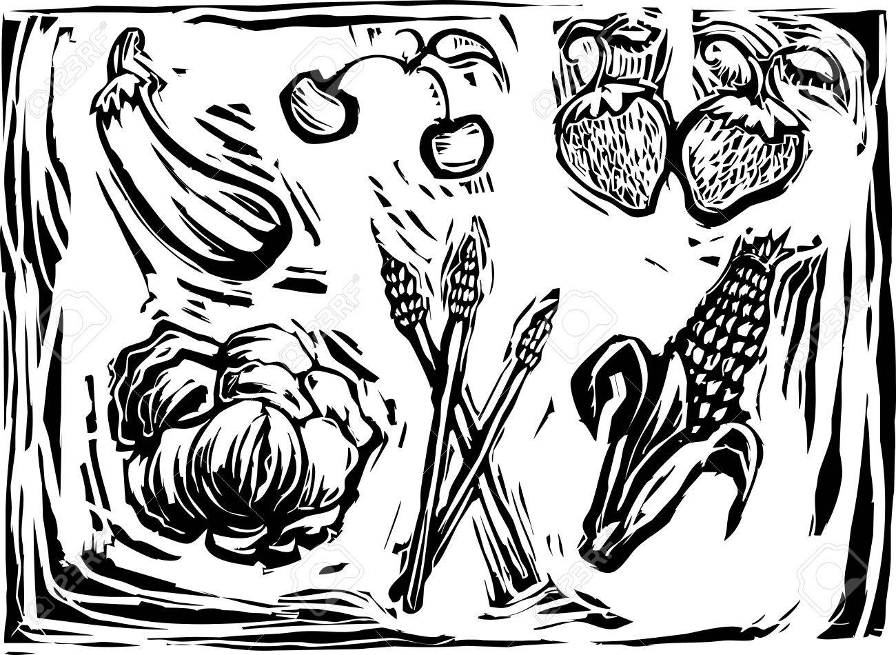 ナス チェリー イチゴ レタス アスパラガス トウモロコシの生産の木版画のスタイルのイメージ のイラスト素材 ベクタ Image 9596275