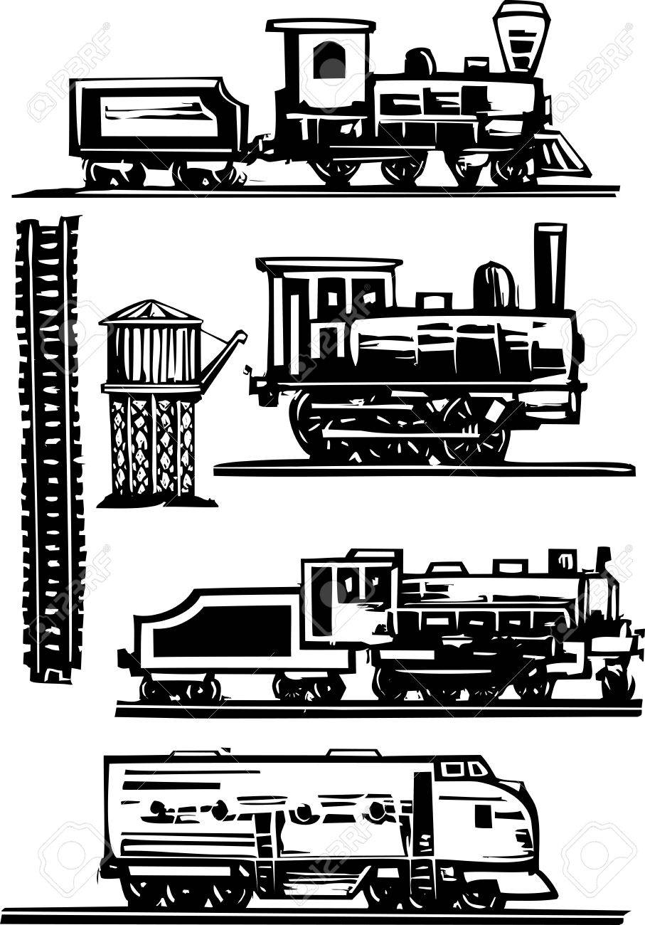 Woodcut style images of railroad trains, water towers and tracks - 16303657 Woodcut style images of railroad trains, water towers and tracks - 16303657