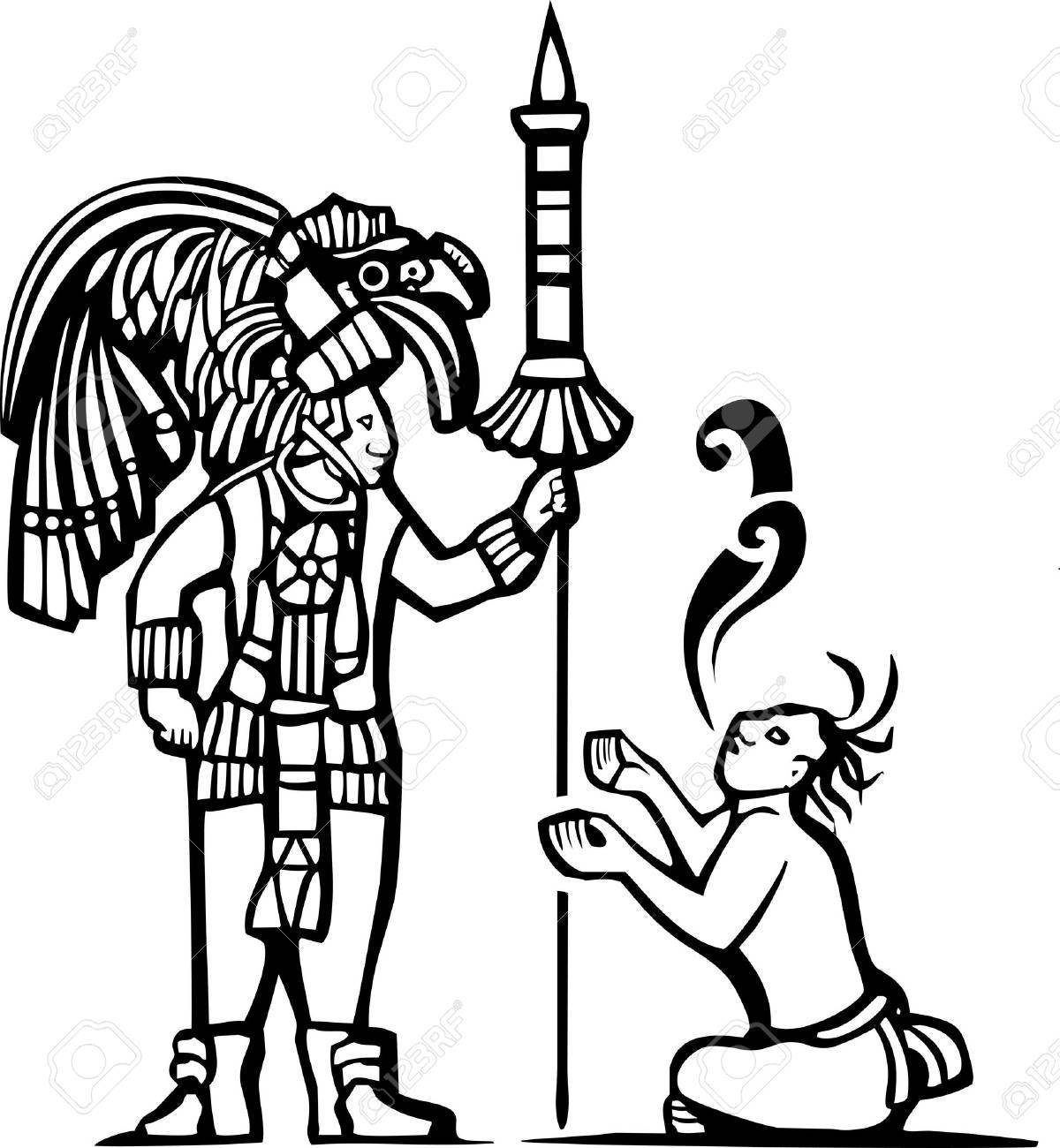 マヤの戦士と音声で捕虜の伝統的な黒と白のマヤ壁画イメージをスクロールします のイラスト素材 ベクタ Image