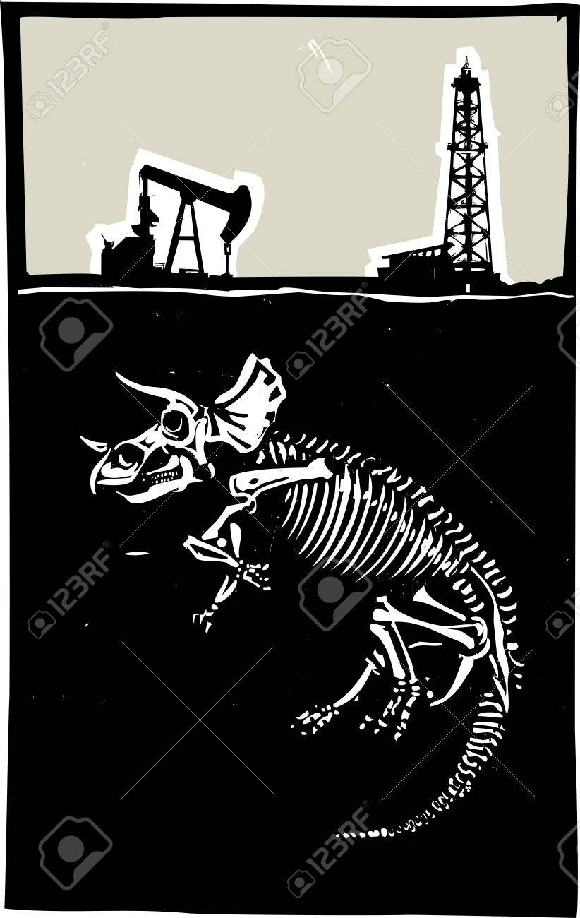 石油リグ ポンプ ジャックを持つトリケラトプス恐竜の化石の木版画のスタイル イメージ のイラスト素材 ベクタ Image