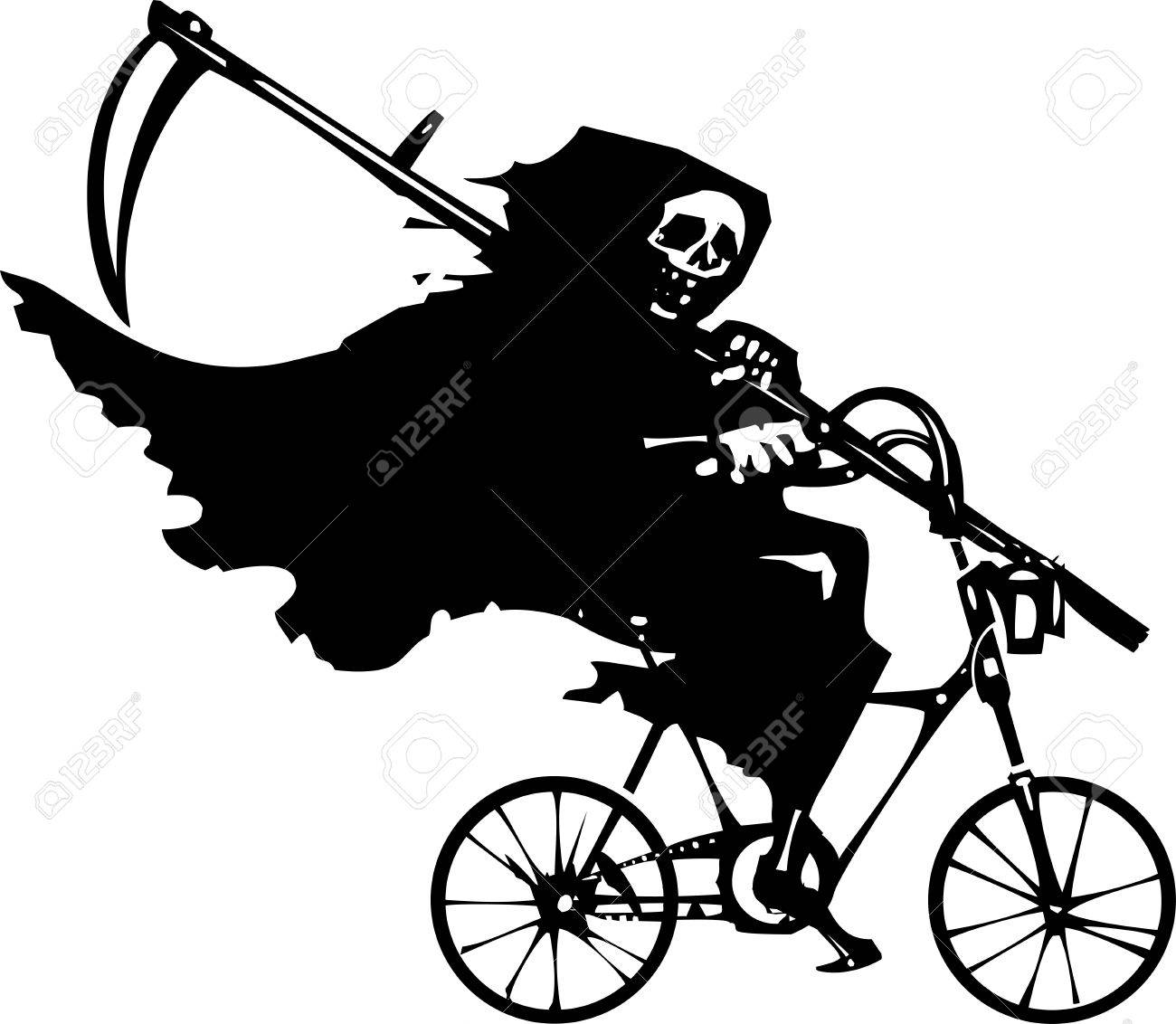 Woodcut styled image of death as the Grim reaper riding a bicycle. - 38778375 Woodcut styled image of death as the Grim reaper riding a bicycle. - 38778375