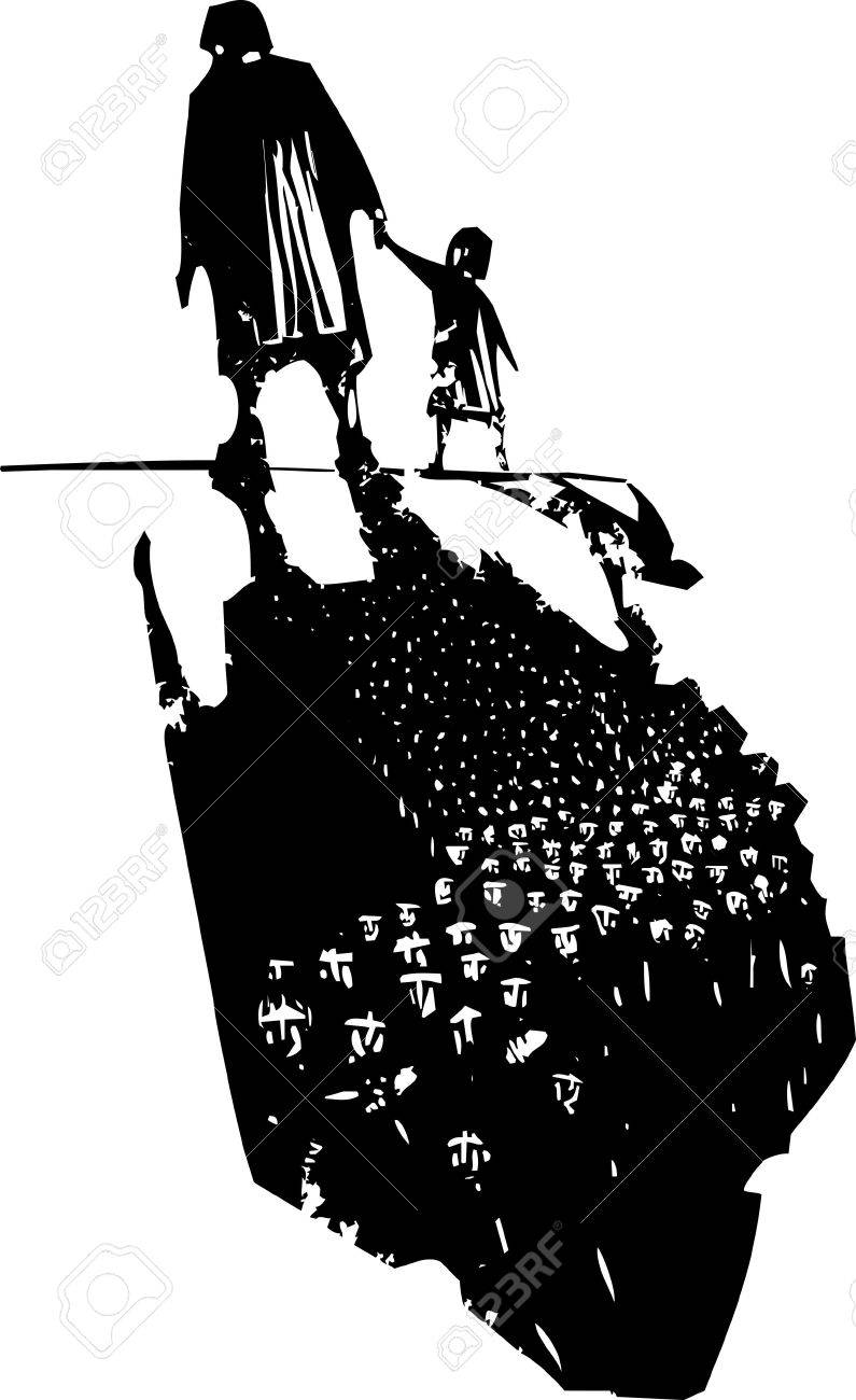 Woodcut style expressionist image of an elderly woman walking in hand with a child trailing refugees in their shadows. - 52571169 Woodcut style expressionist image of an elderly woman walking in hand with a child trailing refugees in their shadows. - 52571169